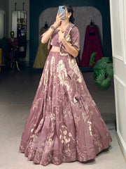 Fascinating Mauve Printed Tussar Silk Event Wear Crop Top Lehenga With Jacket - Ethnic Plus In