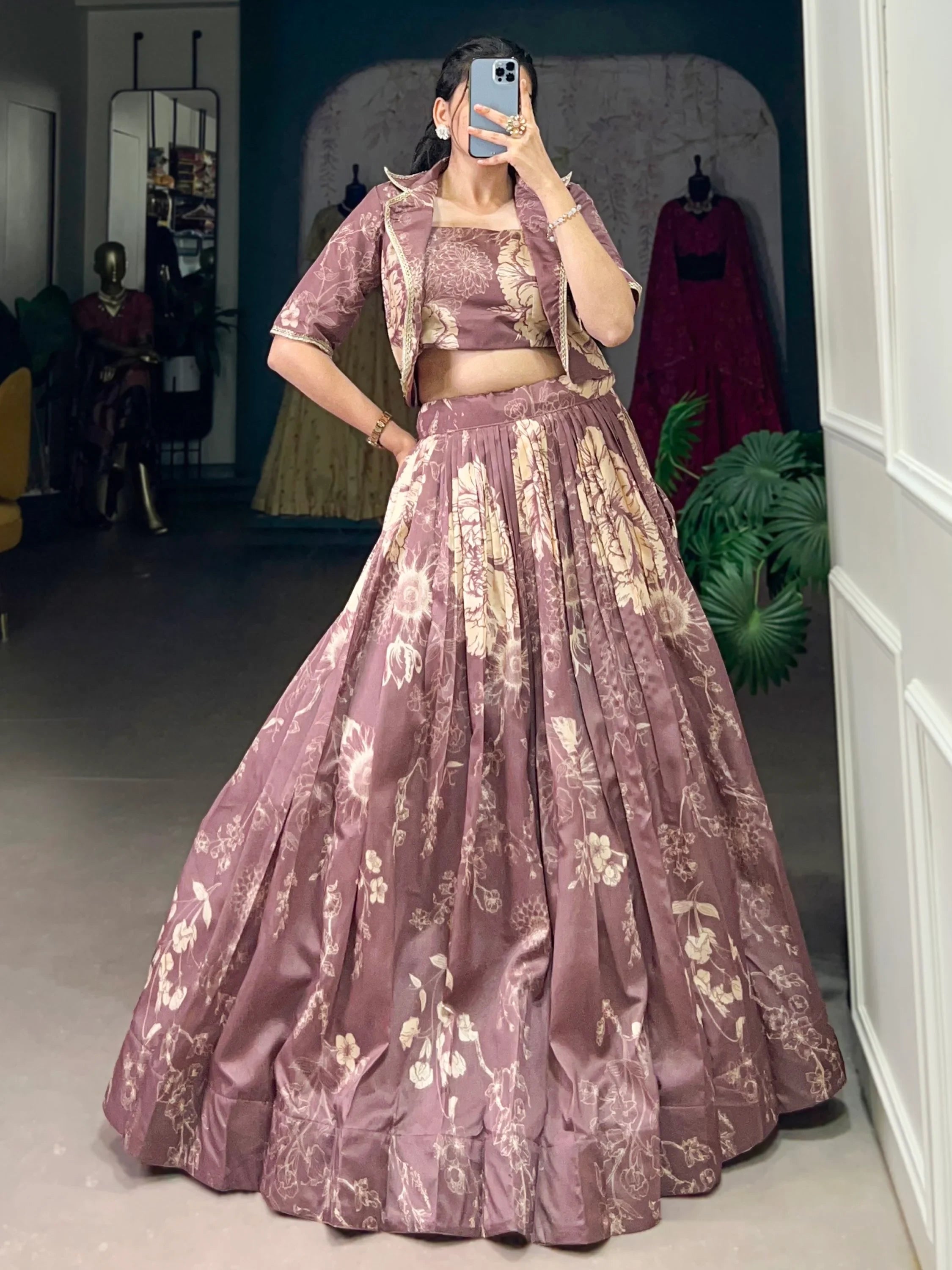 Fascinating Mauve Printed Tussar Silk Event Wear Crop Top Lehenga With Jacket - Ethnic Plus In