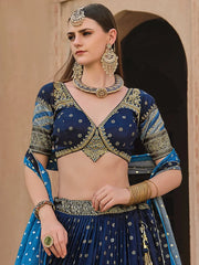 Fascinating Navy Blue Foil Printed Silk Designer Lehenga Choli - Ethnic Plus In