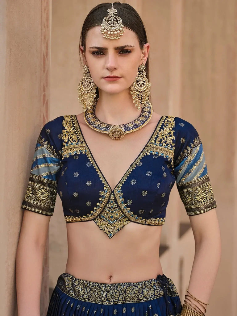 Fascinating Navy Blue Foil Printed Silk Designer Lehenga Choli - Ethnic Plus In