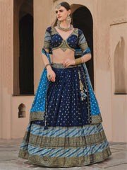 Fascinating Navy Blue Foil Printed Silk Designer Lehenga Choli - Ethnic Plus In