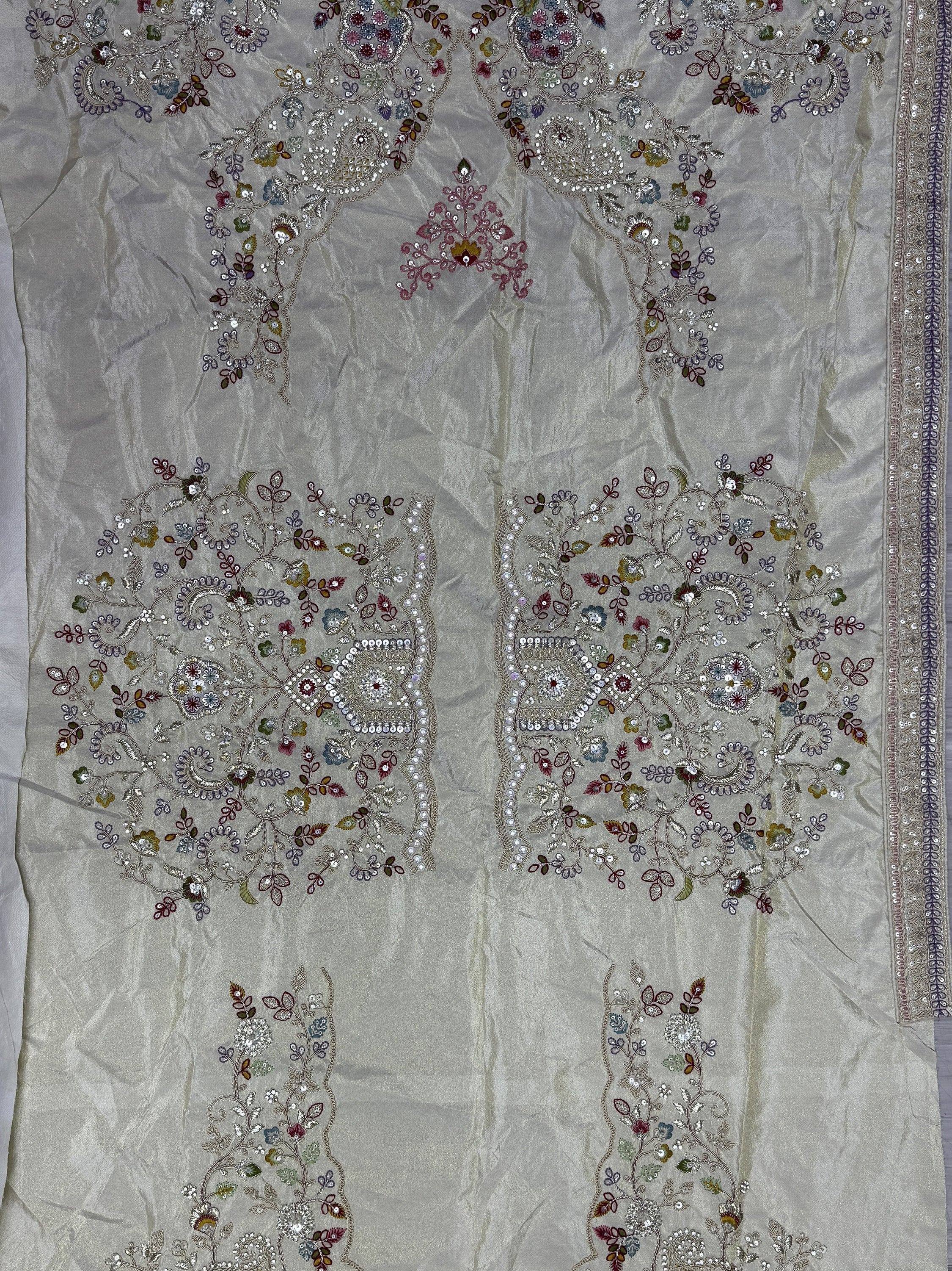 Grey ethnic wear fabric with floral embroidery and sequins for designer lehenga or saree