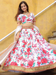Fascinating Off White Floral Printed Art Silk Event Wear Lehenga Choli - Ethnic Plus In