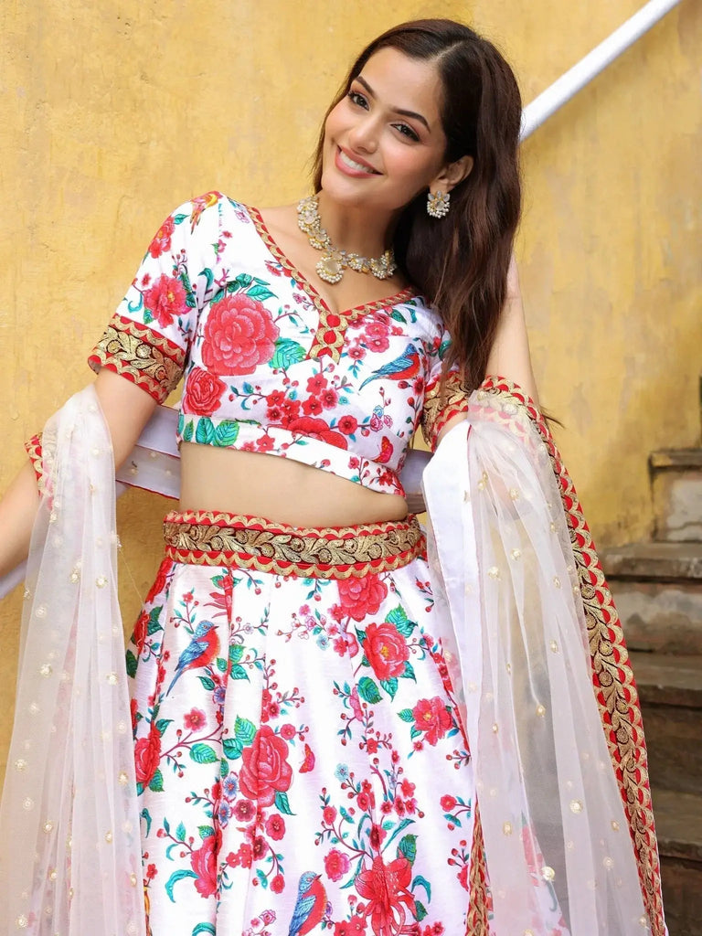 Fascinating Off White Floral Printed Art Silk Event Wear Lehenga Choli - Ethnic Plus In