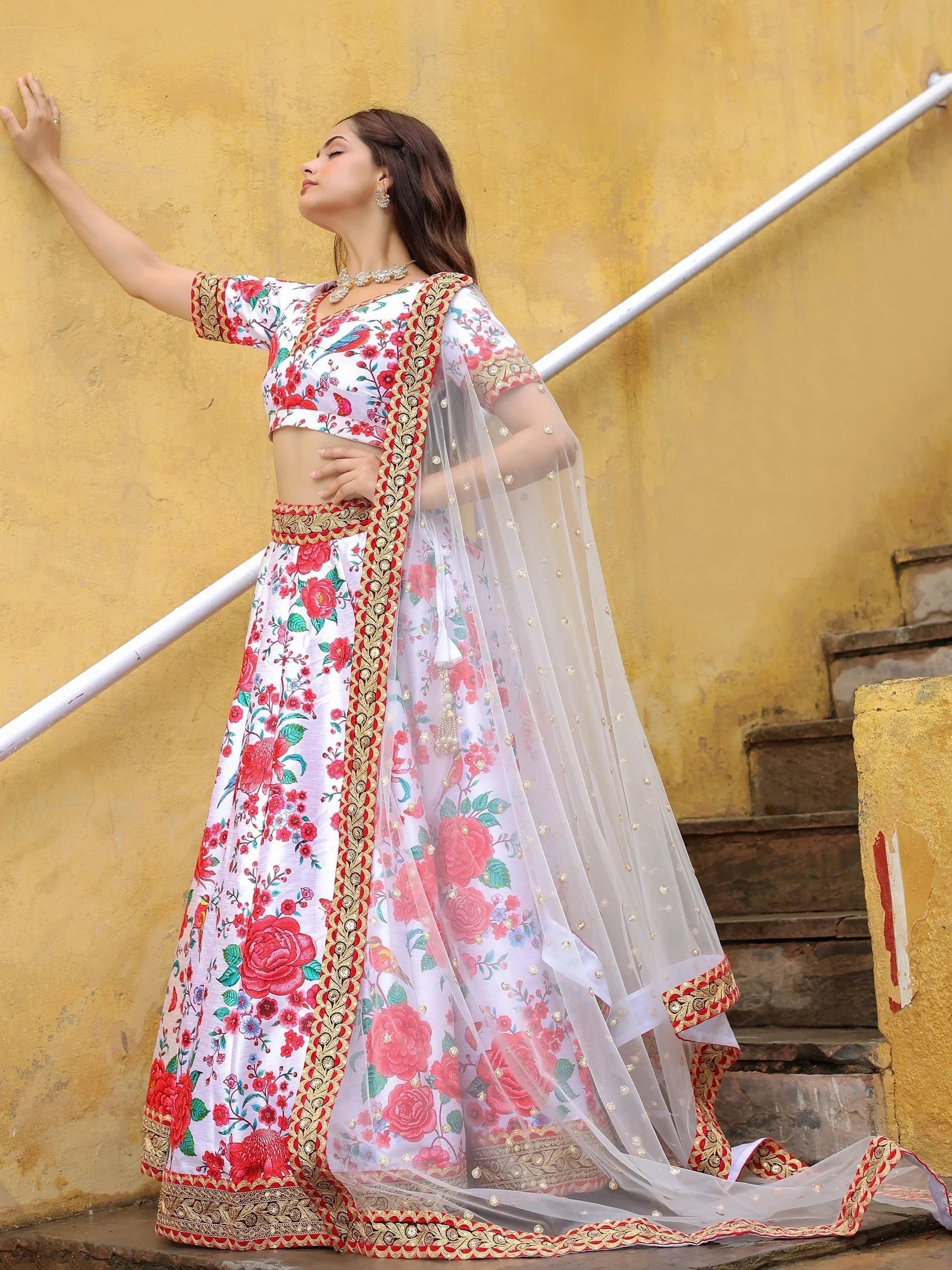 White floral lehenga choli with red gold embroidery, sheer dupatta, ethnic Indian wear