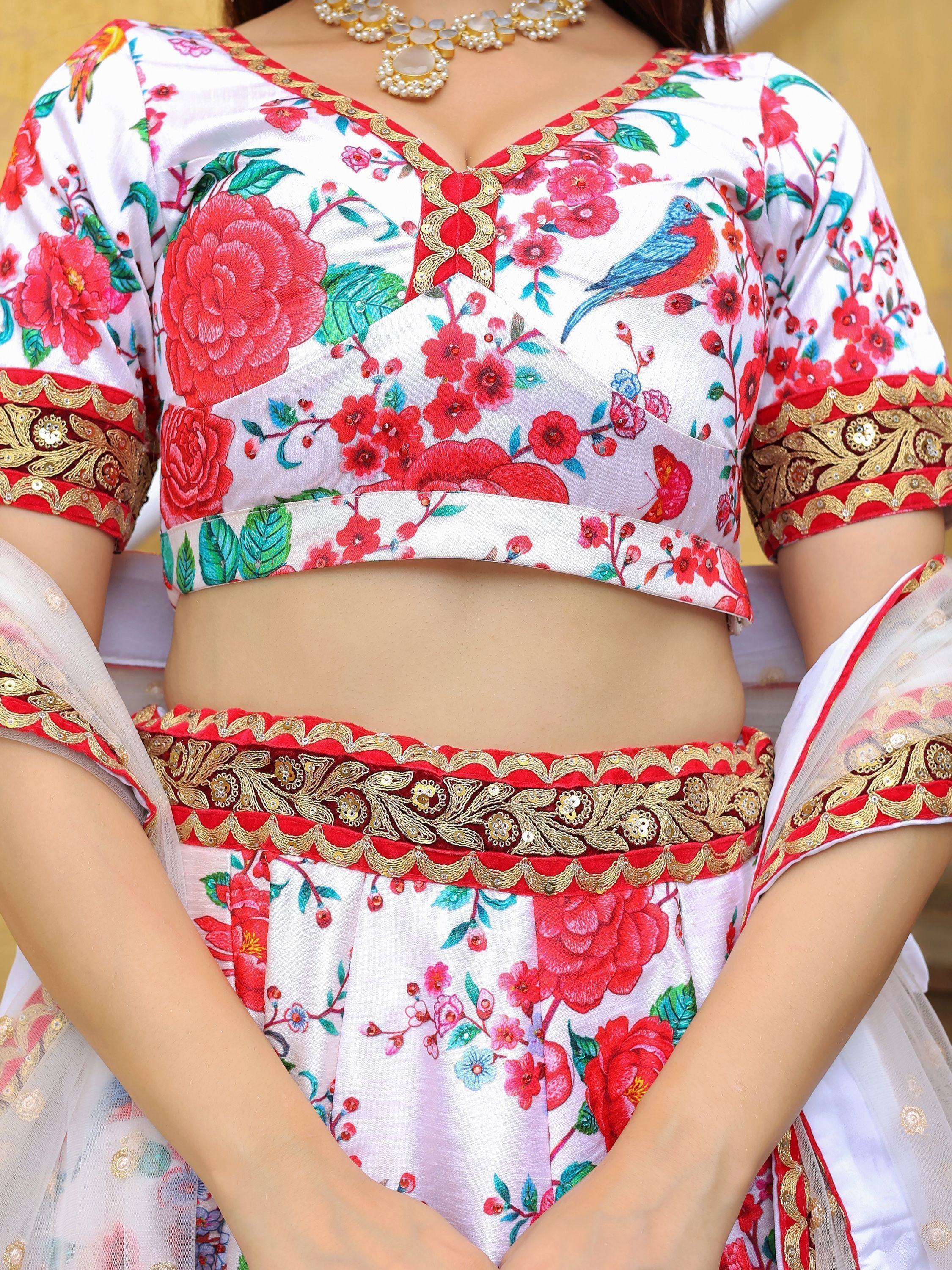 White floral lehenga choli with red gold embroidery, bird print, and designer neckline for Indian ethnic wear