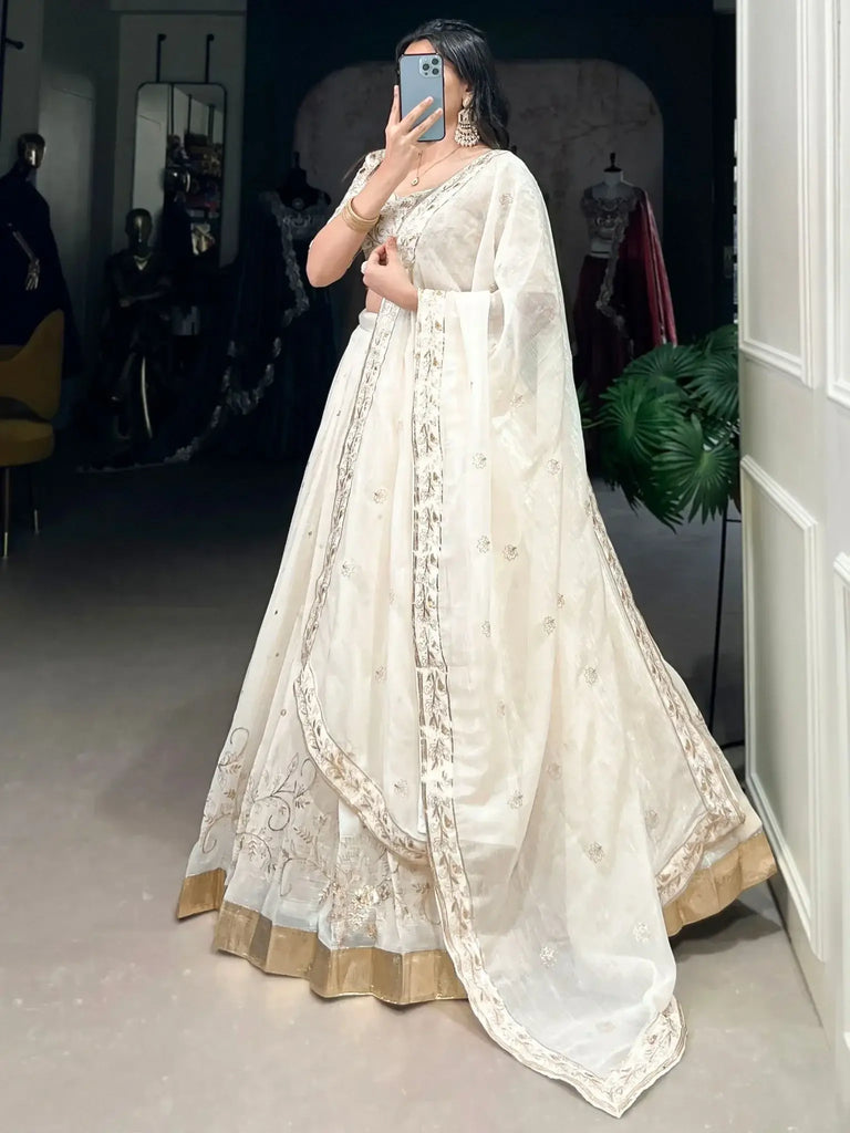 Fascinating Off - White Foil Work Silk Wedding Lehenga Choli With Dupatta - Ethnic Plus In