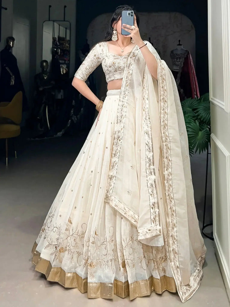 Fascinating Off - White Foil Work Silk Wedding Lehenga Choli With Dupatta - Ethnic Plus In