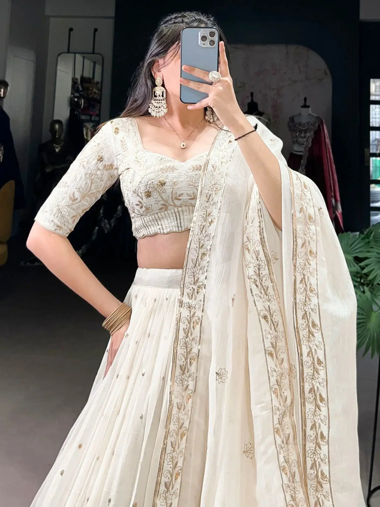 Fascinating Off - White Foil Work Silk Wedding Lehenga Choli With Dupatta - Ethnic Plus In