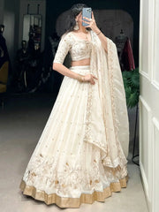 Fascinating Off - White Foil Work Silk Wedding Lehenga Choli With Dupatta - Ethnic Plus In