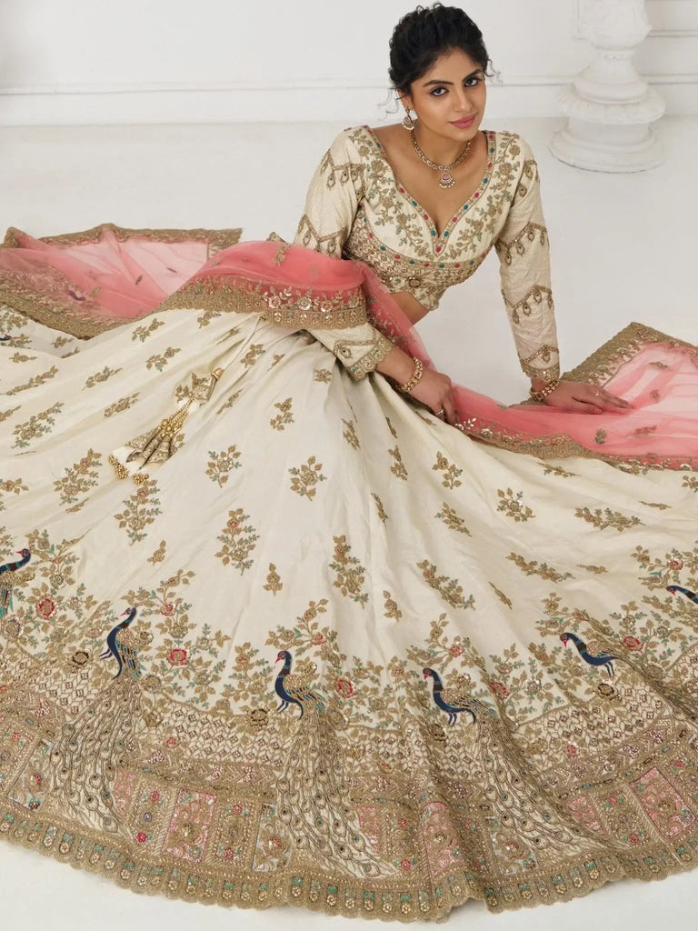 Fascinating Off - White Zari Embroidered Silk Bridesmaid Lehenga Choli - Ethnic Plus In