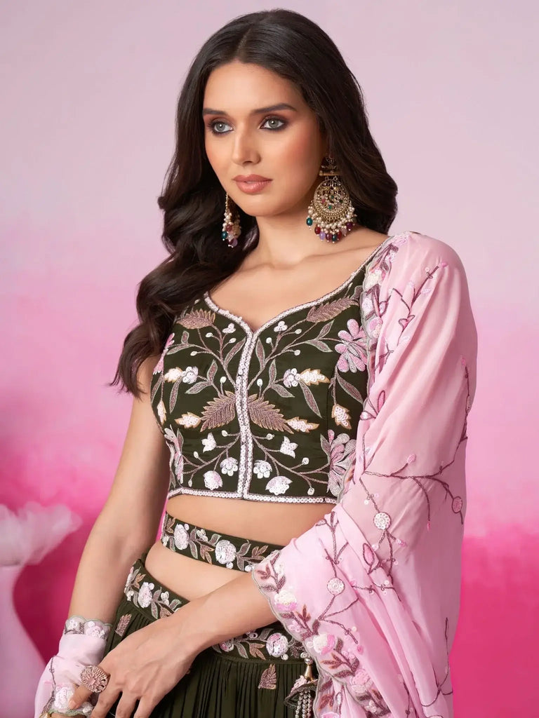 Fascinating Olive Embroidered Satin Engagement Wear Lehenga Choli - Ethnic Plus In