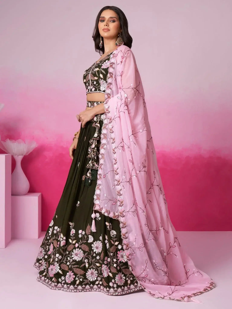 Fascinating Olive Embroidered Satin Engagement Wear Lehenga Choli - Ethnic Plus In