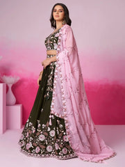 Fascinating Olive Embroidered Satin Engagement Wear Lehenga Choli - Ethnic Plus In