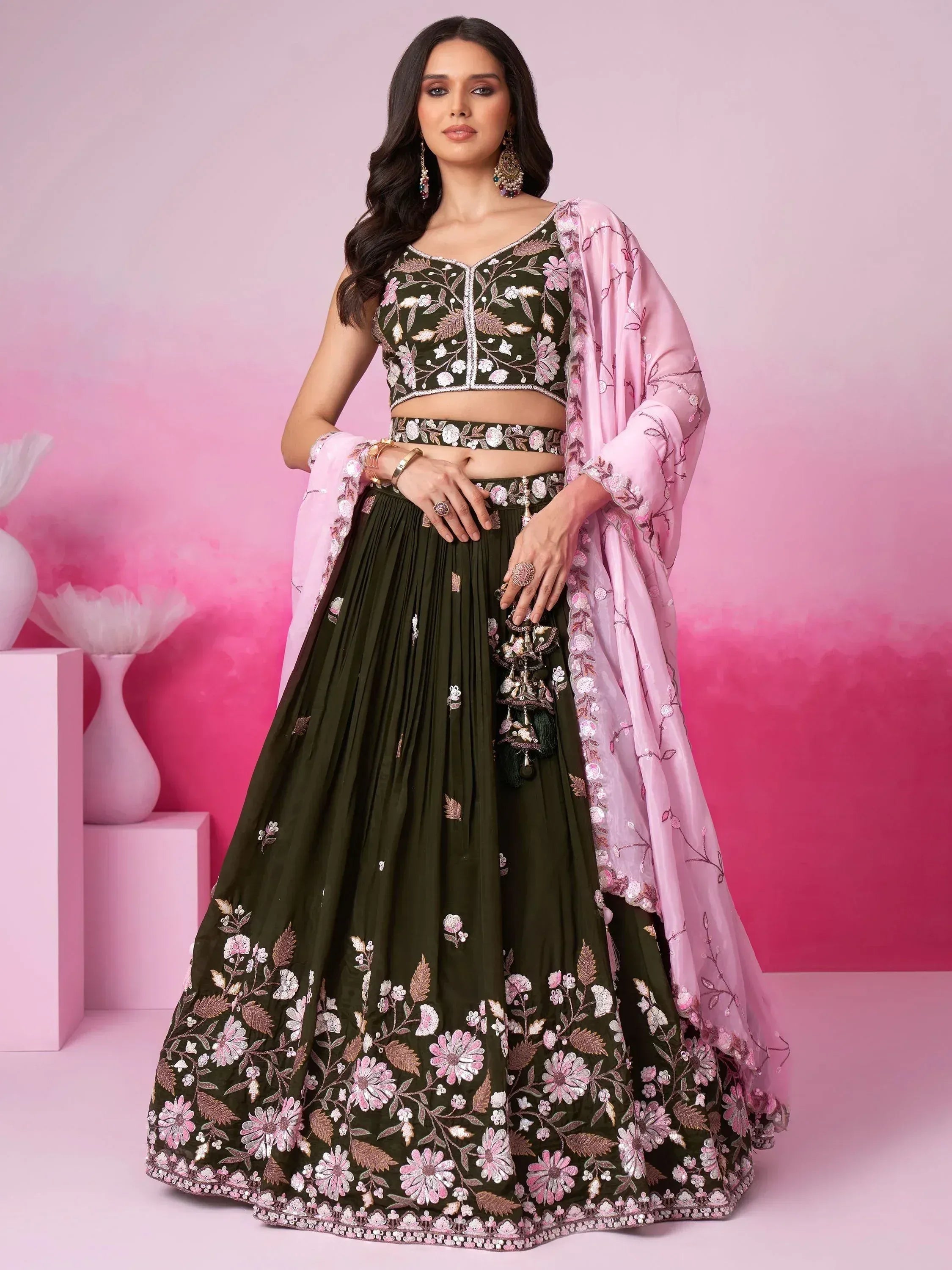 Olive green floral embroidered lehenga choli with pink dupatta, Indian ethnic wear for women