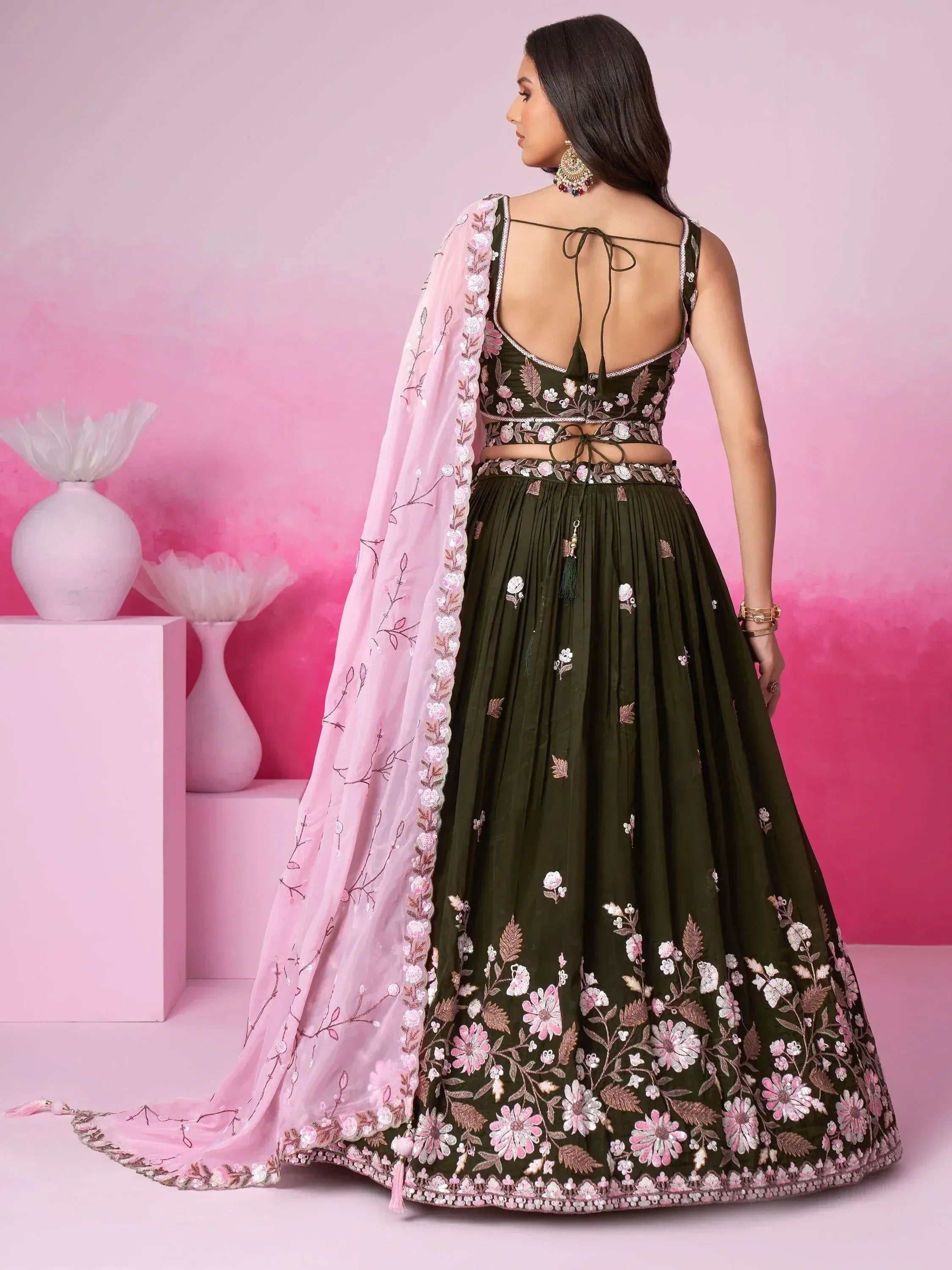 Olive green floral embroidered lehenga choli with pink dupatta, back view, ethnic wear