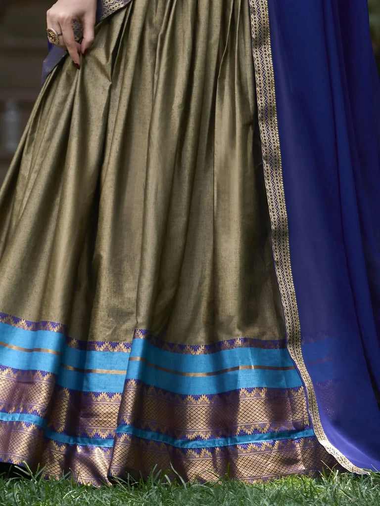 Fascinating Olive Green Cotton Festival Wear Half Saree Lehenga - Ethnic Plus In