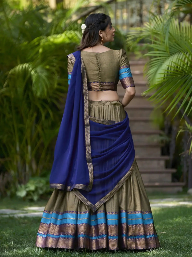 Fascinating Olive Green Cotton Festival Wear Half Saree Lehenga - Ethnic Plus In