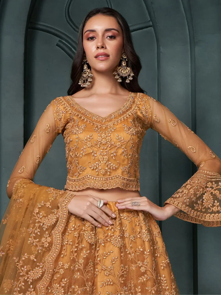Fascinating Orange Embroidered Net Bridesmaid Lehenga Choli With Dupatta - Ethnic Plus In