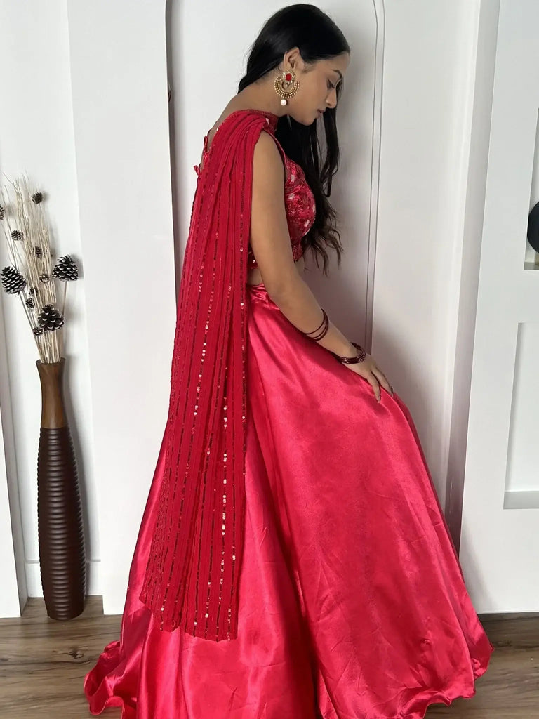 Fascinating Pink Satin Cocktail Party Wear Lehenga Choli With Dupatta - Ethnic Plus In