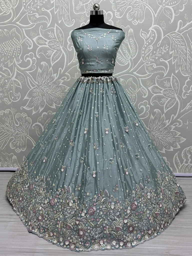 Fascinating Powder Blue Sequins Chinon Engagement Wear Lehenga Choli - Ethnic Plus In