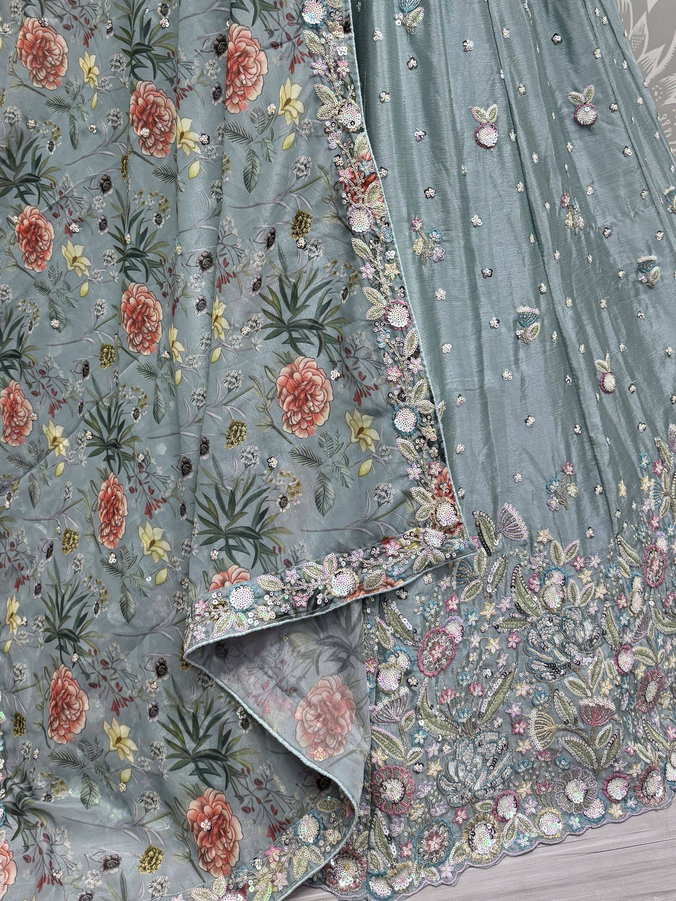 Dusty blue lehenga with floral print and sequin embroidery, perfect for Indian ethnic wear occasions.