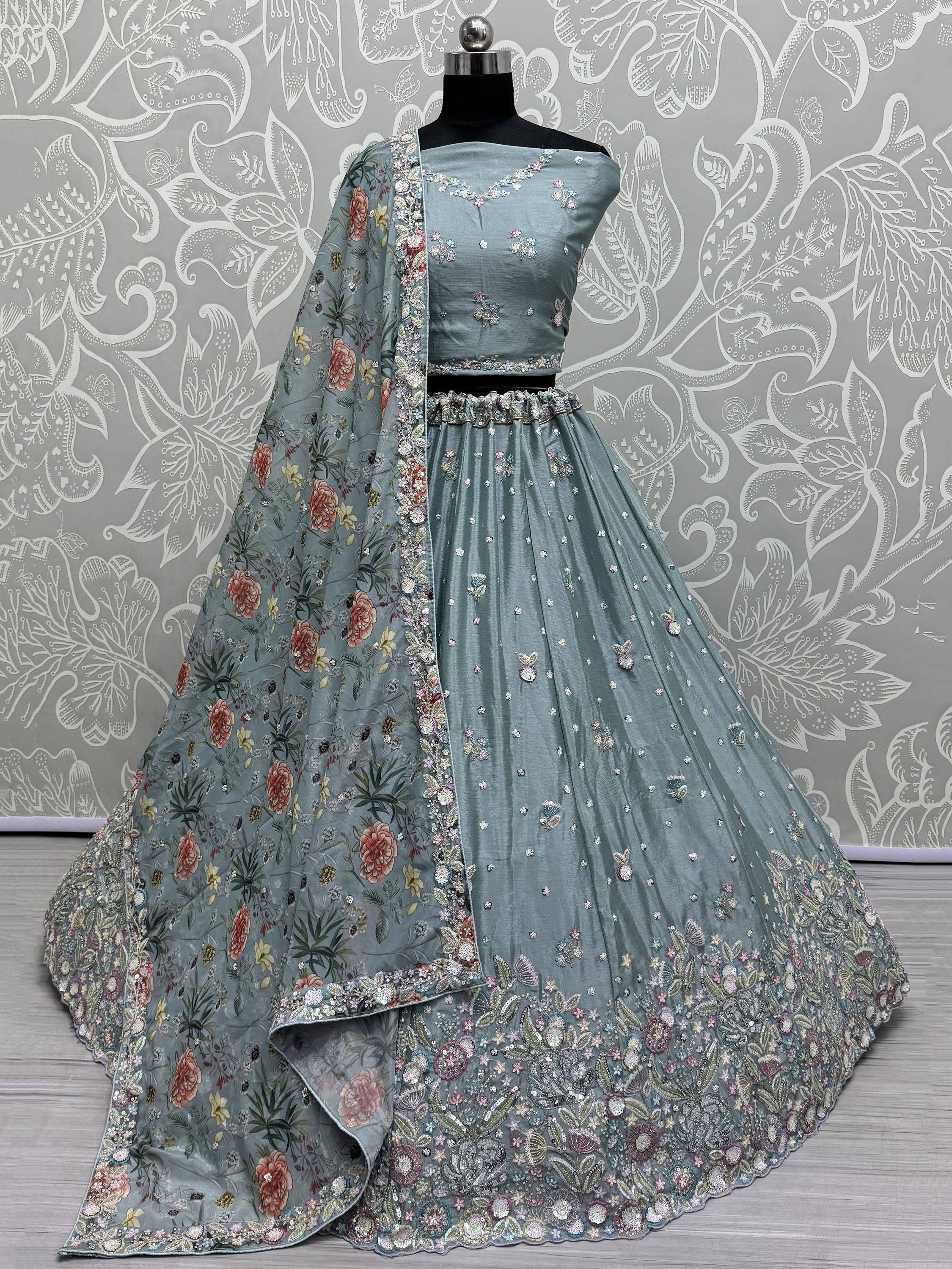 Dusty blue designer lehenga choli with floral embroidery and matching dupatta, ethnic wear for women