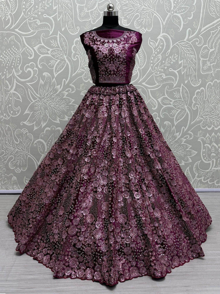 Fascinating Purple Thread Work Net Designer Lehenga Choli With Dupatta - Ethnic Plus In