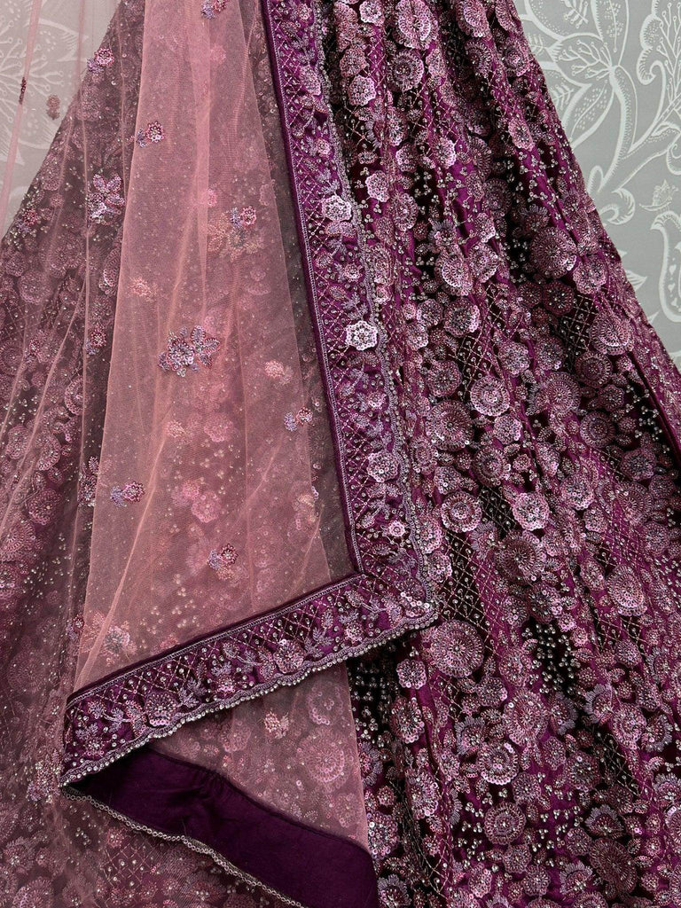 Fascinating Purple Thread Work Net Designer Lehenga Choli With Dupatta - Ethnic Plus In