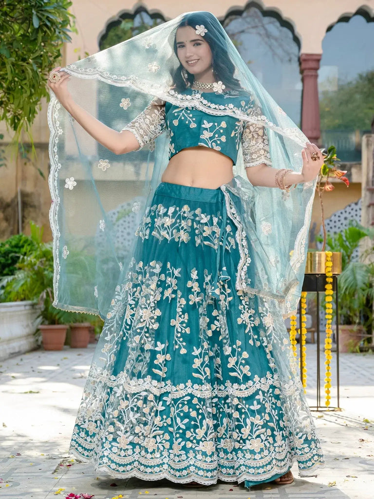 Fascinating Rama Blue Thread Embroidered Wedding Wear Lehenga Choli - Ethnic Plus In