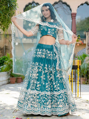 Fascinating Rama Blue Thread Embroidered Wedding Wear Lehenga Choli - Ethnic Plus In