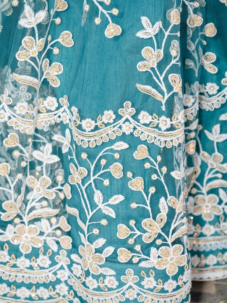 Fascinating Rama Blue Thread Embroidered Wedding Wear Lehenga Choli - Ethnic Plus In