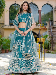 Fascinating Rama Blue Thread Embroidered Wedding Wear Lehenga Choli - Ethnic Plus In