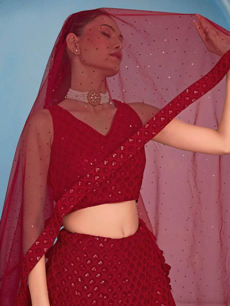 Fascinating Red Thread Work Georgette Wedding Wear Lehenga Choli - Ethnic Plus In