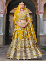 Fascinating Yellow Embroidered Net Haldi Wear Lehenga Choli