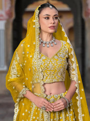 Fascinating Yellow Embroidered Net Haldi Wear Lehenga Choli - Ethnic Plus In