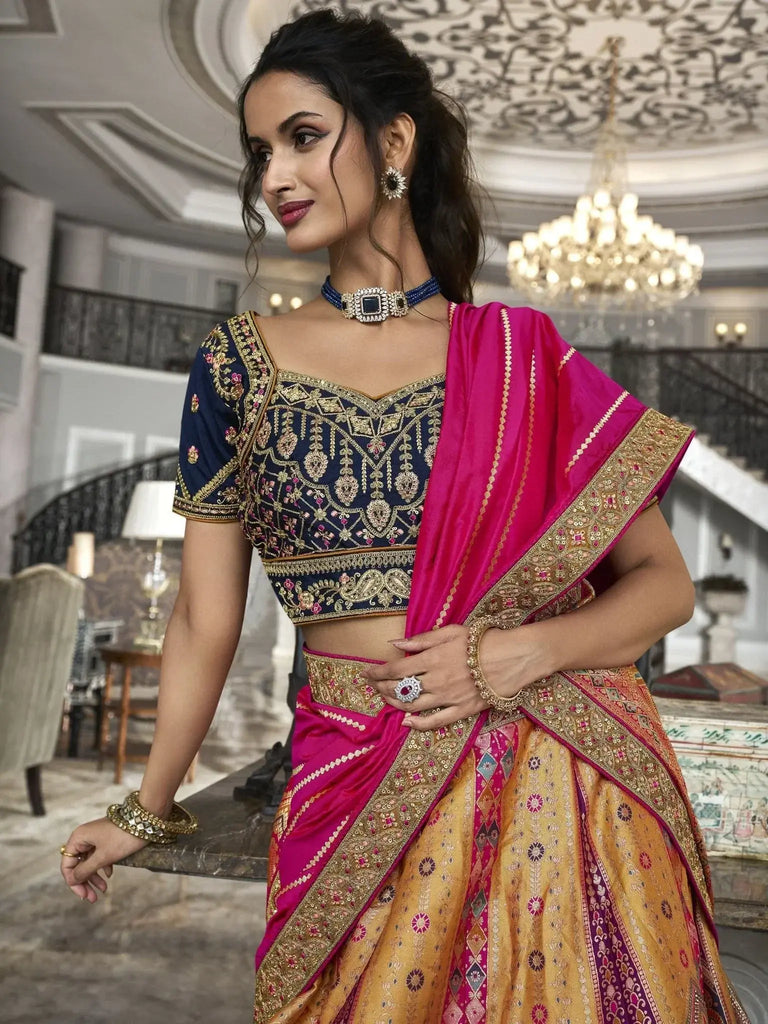 Fascinating Yellow Embroidered Silk Wedding Lehenga Choli With Dupatta - Ethnic Plus In