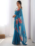 Fascinating Blue Floral Printed Georgette Casual Wear Saree