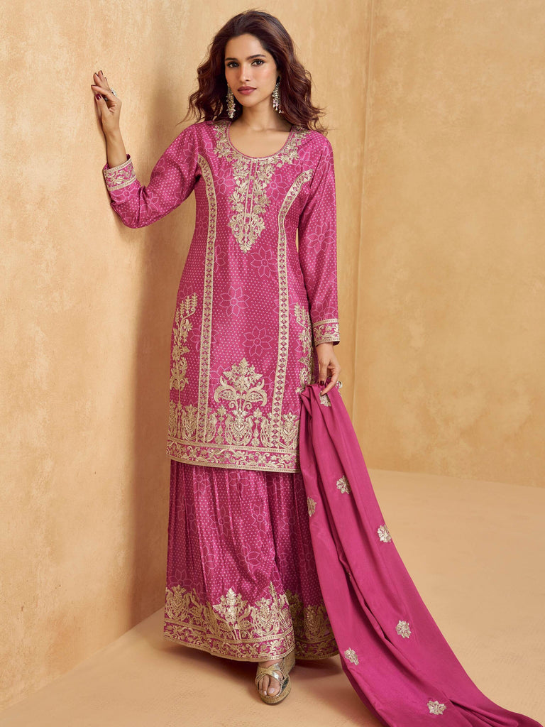 Fascinating Pink Zari Embroidered Chinon Eid Special Palazzo Suit