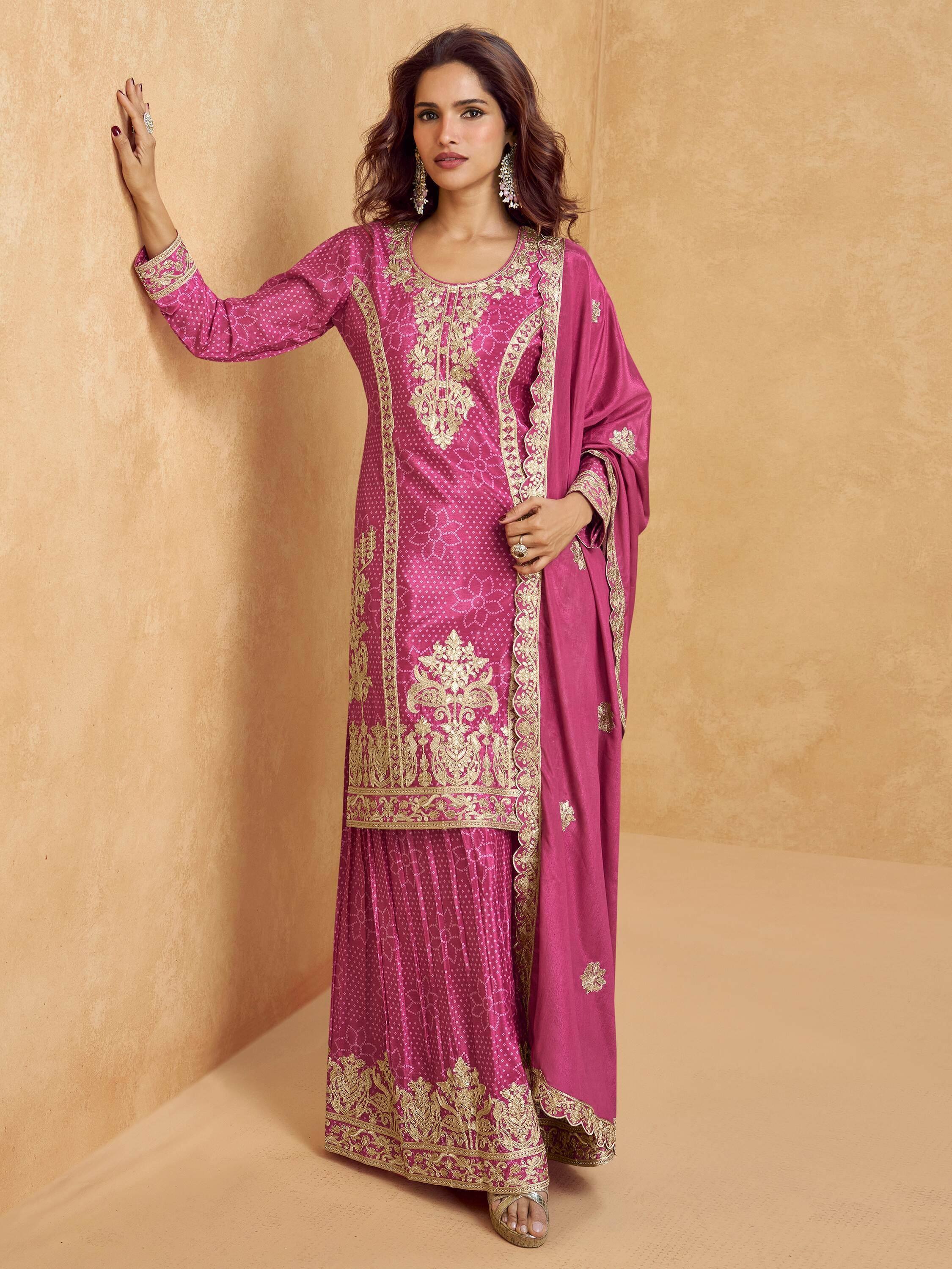 Pink embroidered salwar kameez with gold detailing, Indian ethnic wear for women