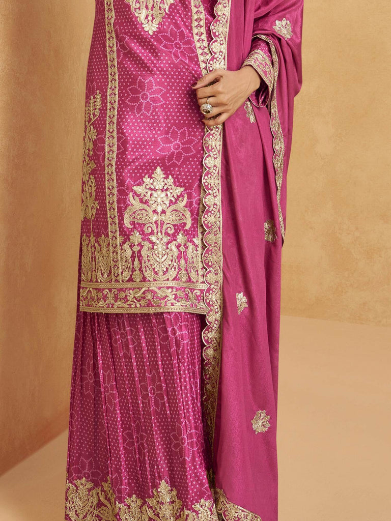 Fascinating Pink Zari Embroidered Chinon Eid Special Palazzo Suit