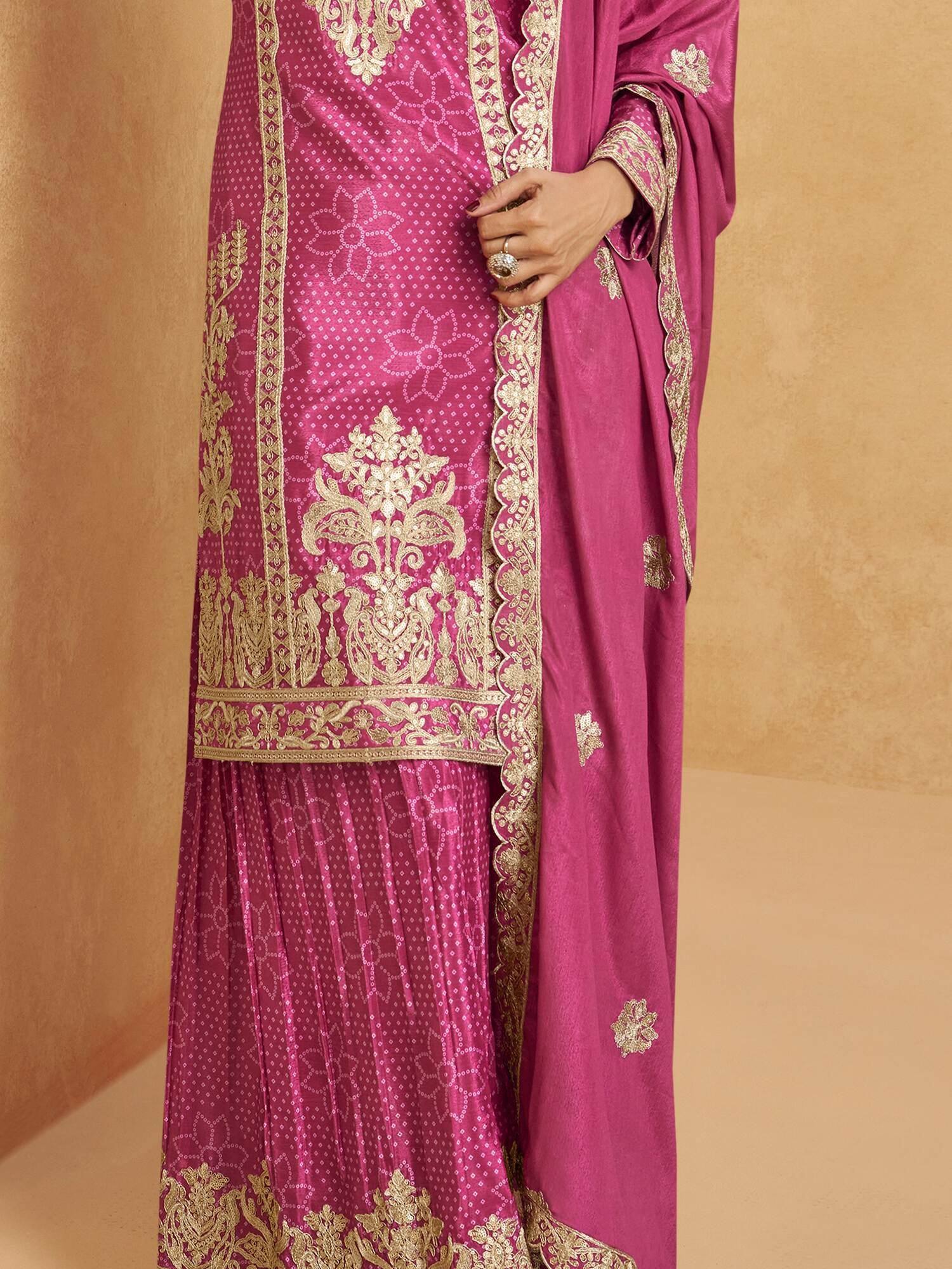 Pink ethnic salwar kameez with gold embroidery, designer Indian wear for women