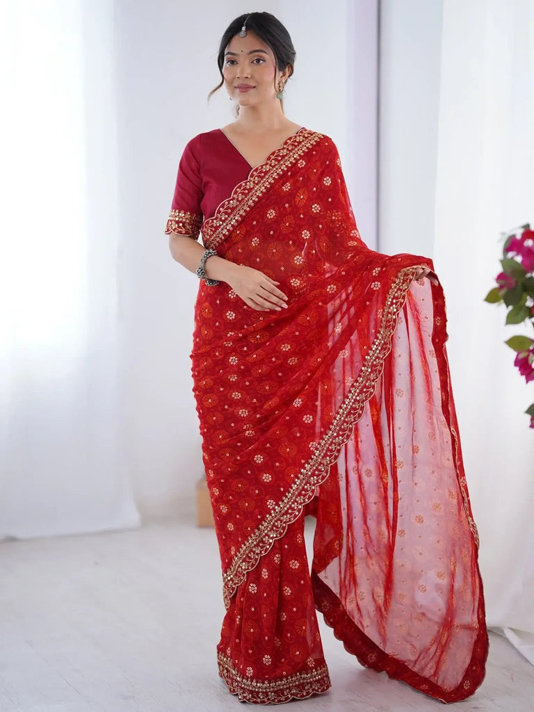 Fashionable Red Georgette Printed Wedding Wear Saree With Blouse - Ethnic Plus In