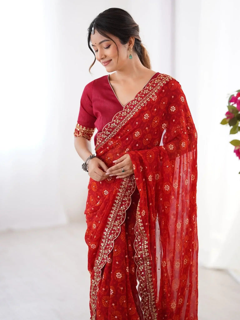 Fashionable Red Georgette Printed Wedding Wear Saree With Blouse - Ethnic Plus In