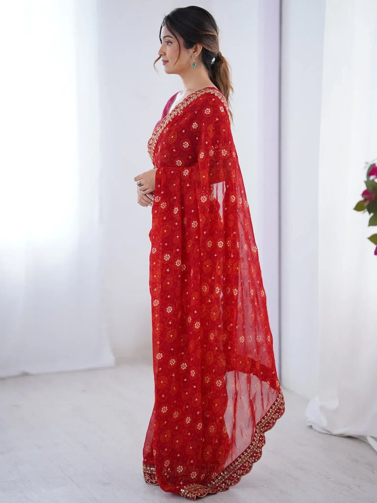 Fashionable Red Georgette Printed Wedding Wear Saree With Blouse - Ethnic Plus In