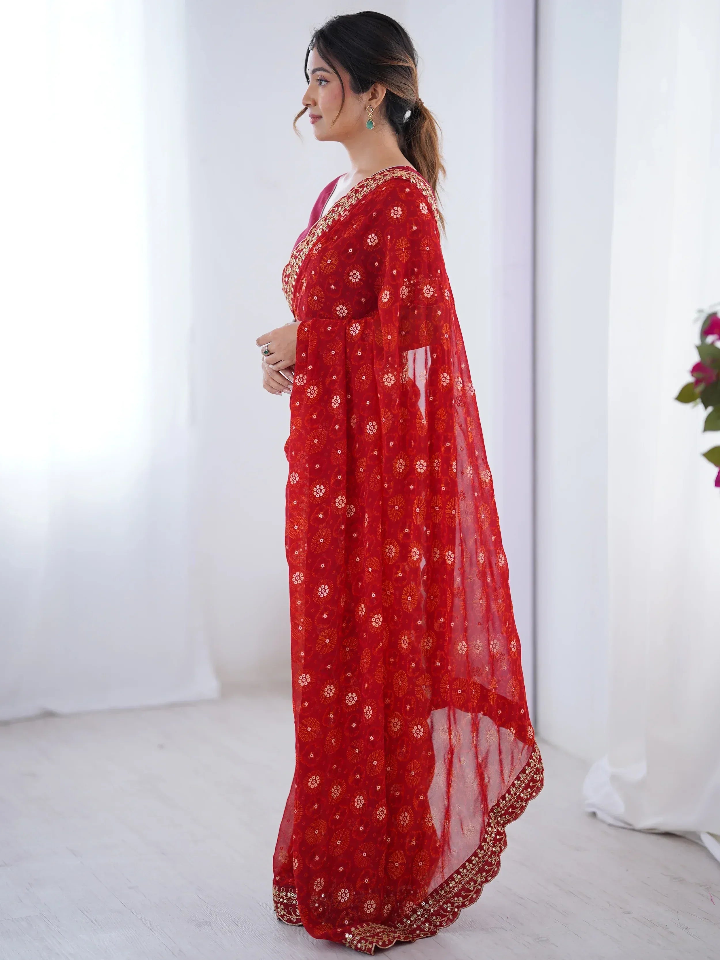 Fashionable Red Georgette Printed Wedding Wear Saree With Blouse - Ethnic Plus In