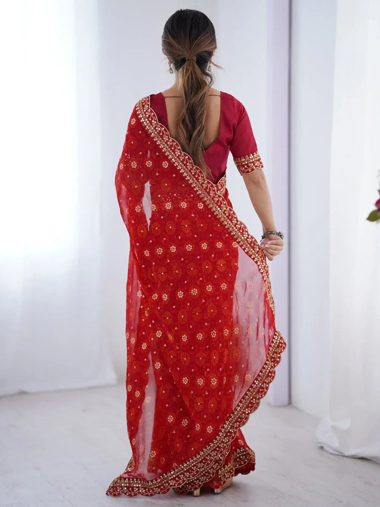 Fashionable Red Georgette Printed Wedding Wear Saree With Blouse - Ethnic Plus In