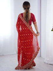 Fashionable Red Georgette Printed Wedding Wear Saree With Blouse - Ethnic Plus In