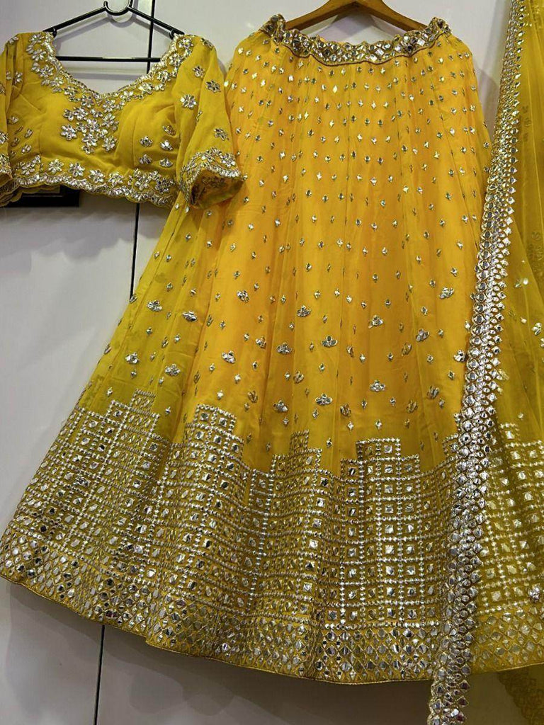 Elegant Yellow Paper-Mirror Work Georgette Special Occasion Lehenga Choli