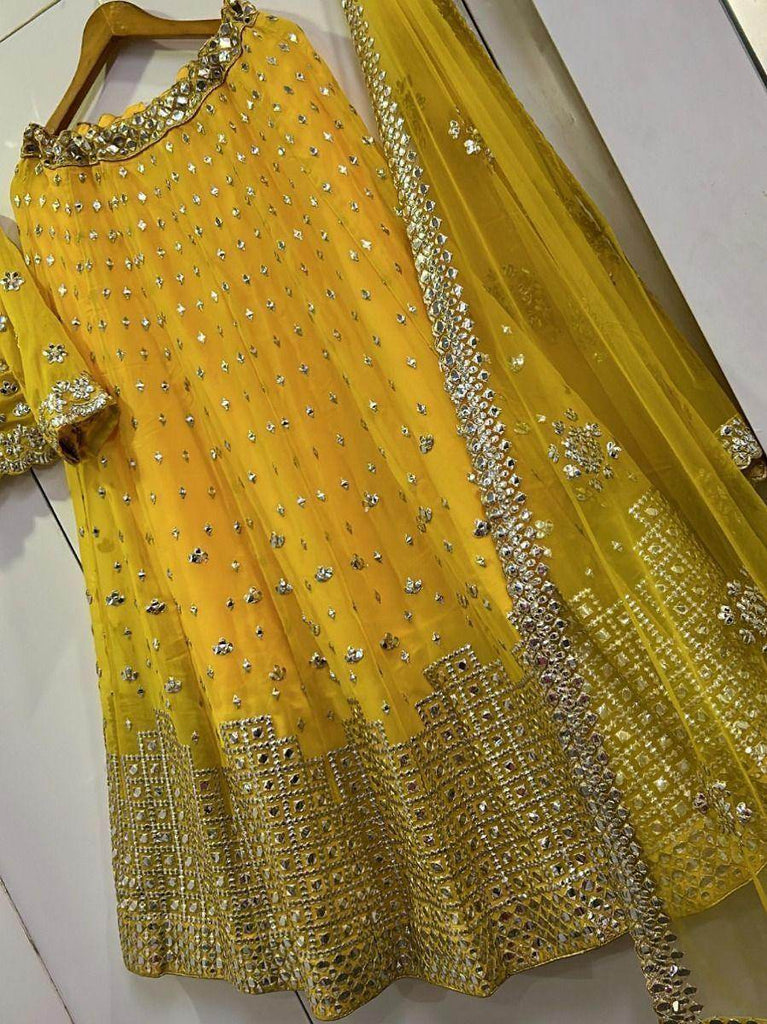 Elegant Yellow Paper-Mirror Work Georgette Special Occasion Lehenga Choli